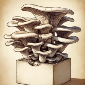 illustration d'un kit prêt à pousser avec de grands pleurotes sortant de la boîte