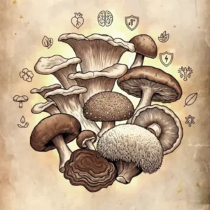 illustration de divers champignons médicinaux, reichi, shiitaké, lion's mane