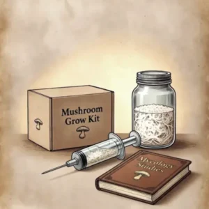 illustration sur la cultures des champignons, avec un kit, un livre, et du mycélium