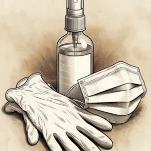 illustration de l'hygiène en myciculture avec du désinfectant, un masque et des gant