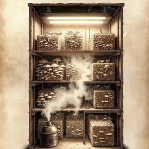 illustration d'une box de culture pour la culture des champignons avec gestion de l'humidité et éclairage