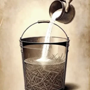 illustration de la pasteurisation à la chaux, main qui renverse un bocal de chaux dans un grand récipient contenant de l'eau et de la paille
