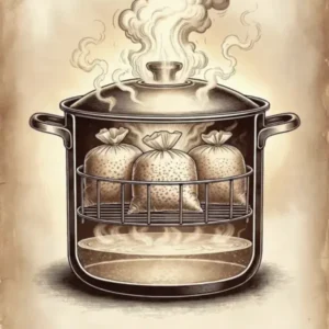 illustration de la pasteurisation des substrats en myciculture, marmite contenant des sacs de culture et de la vapeur