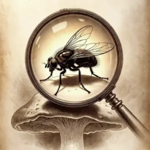 illustration sur l'identification des mouches en culture de champignons, loupe montrant une grosse mouche sur un champignon