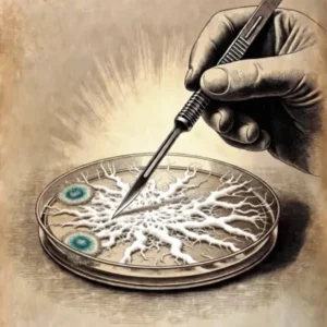 illustration d'une sauvetage de culture sur aga, prélèvement du mycélium sain avec un scalpel