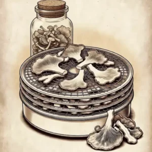 illustration du séchage des champignons, tranche des champignons en train de sécher dans un déshydrateur