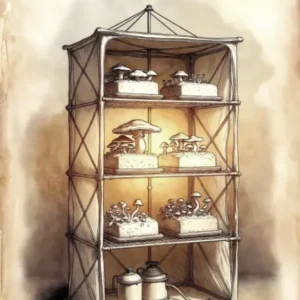 illustration d'une tente de culture de champignons avec des des champignons prêt à être récoltés