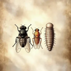 illustration des nuisible en myciculture, avec des mouches et des larves