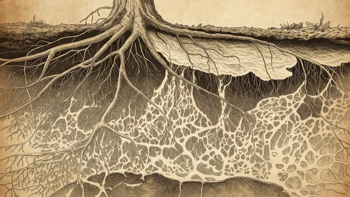Illustration du réseau mycorhizien souterrain reliant les arbres