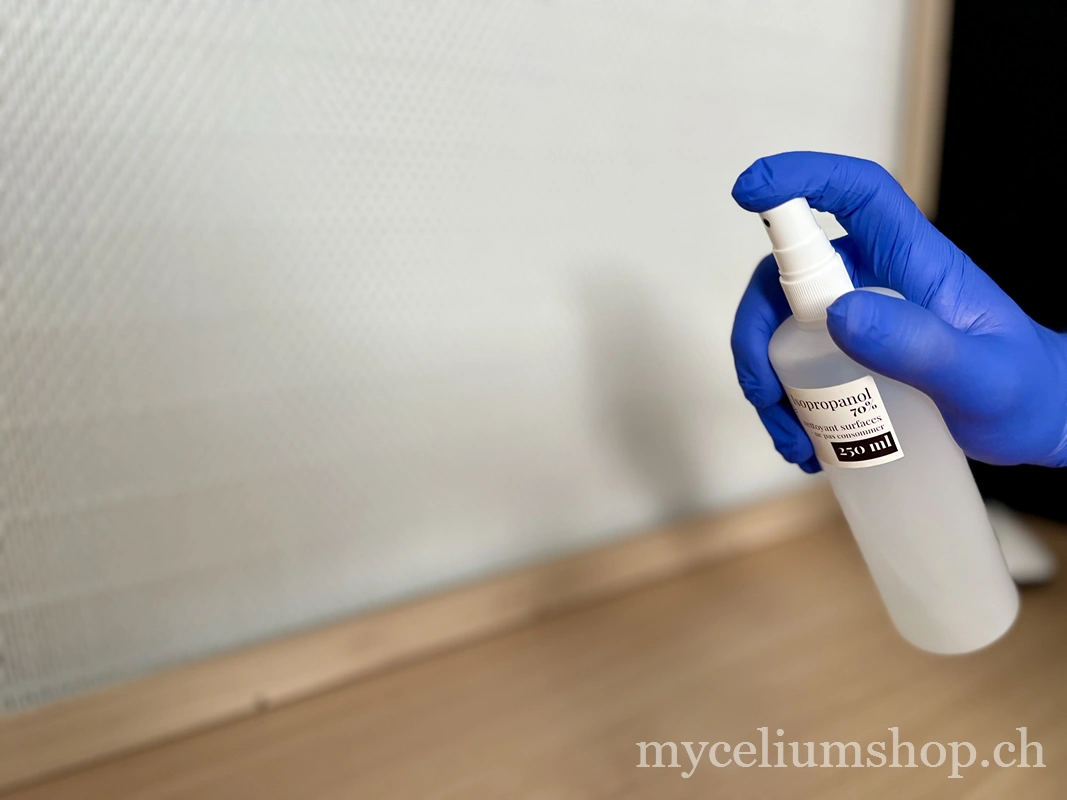 Désinfection du post de travail à l'isopropanol 70% avant utilisation de la hotte à flux laminaire