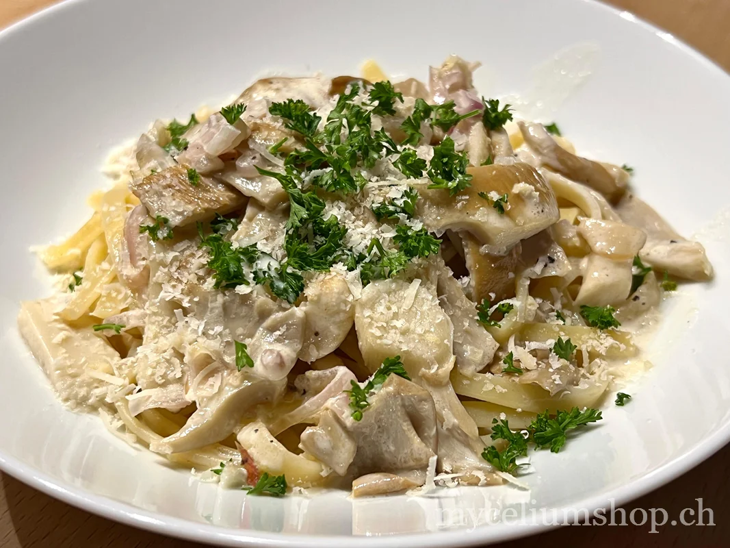 Gros plan sur des tagliatelles crémeuses aux lamelles de pleurote blanc, persil frais et parmesan râpé