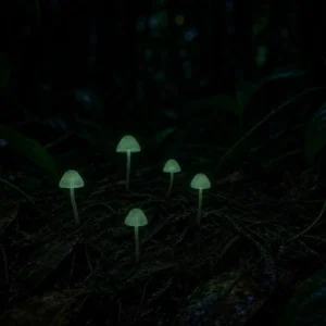 Petits champignons Mycena à la lueur verte sur le sol d’une forêt, de nuit