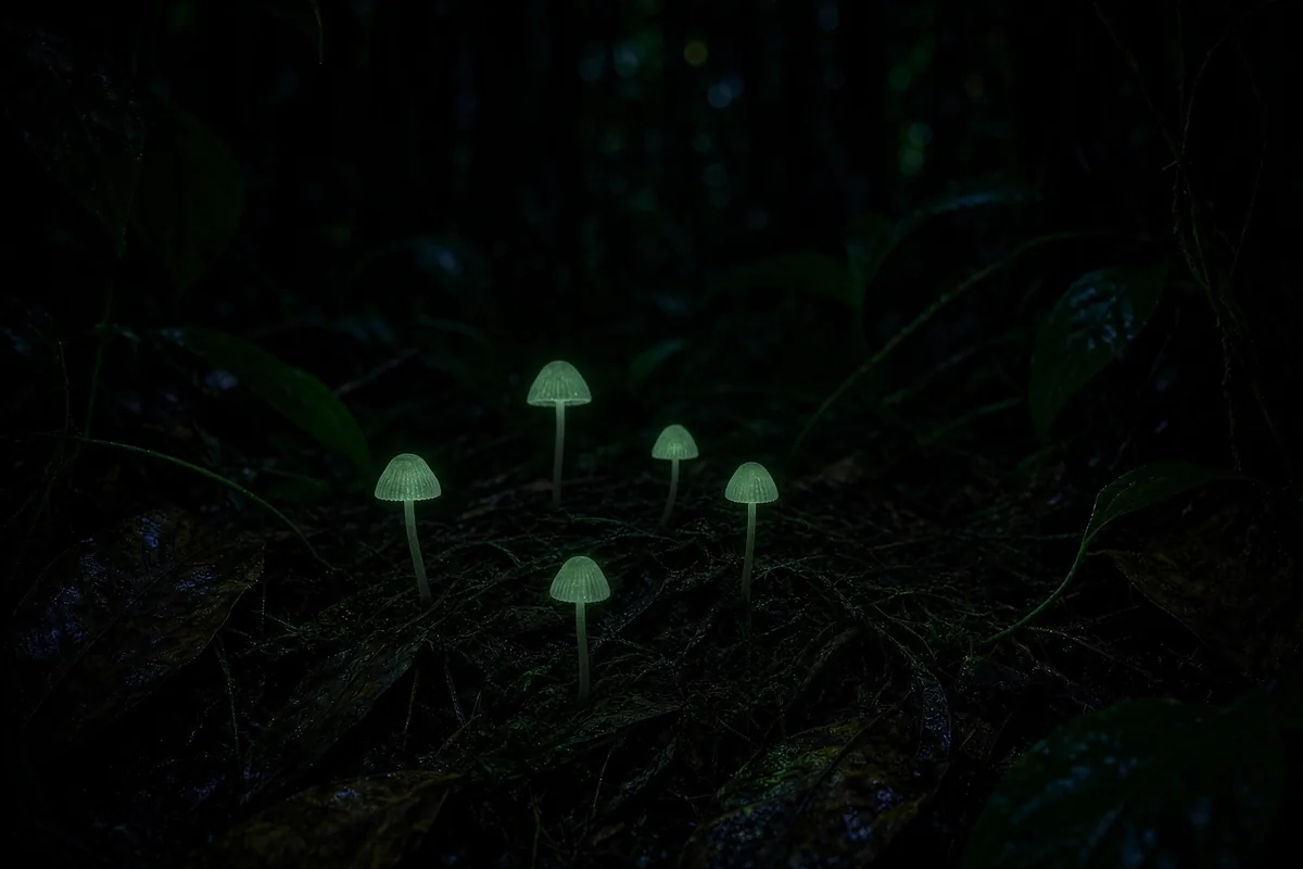Petits champignons Mycena à la lueur verte sur le sol d’une forêt, de nuit