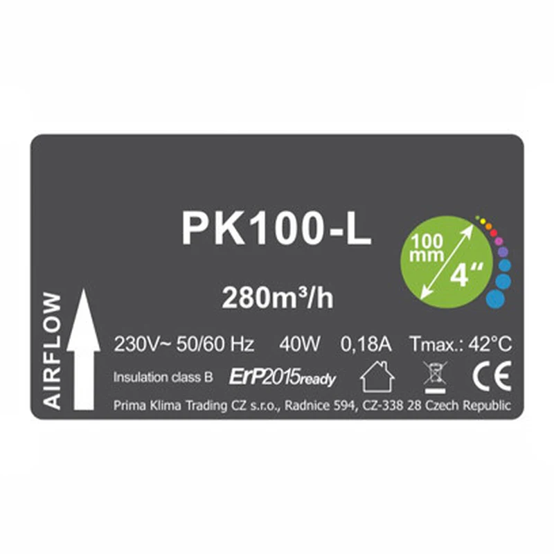 Étiquette des caractéristiques de l'extracteur Prima Klima PK100-L : 280 m³/h, 40 W, 230 V