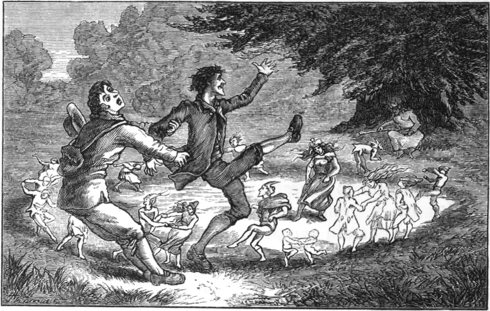 Gravure ancienne de deux hommes entraînés dans la danse des fées autour d’un rond